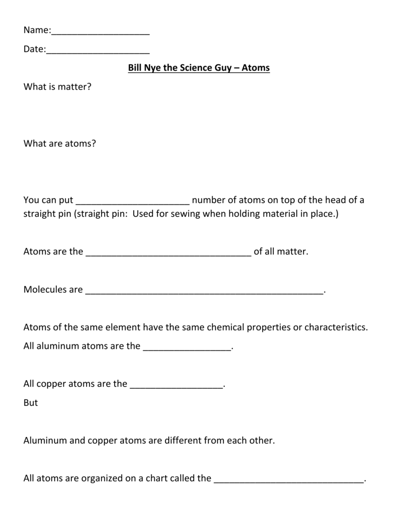 Bill Nye Atoms Worksheet Matter Atoms Molecules Bill Nye Atoms Worksheet Matter Atoms Molecules