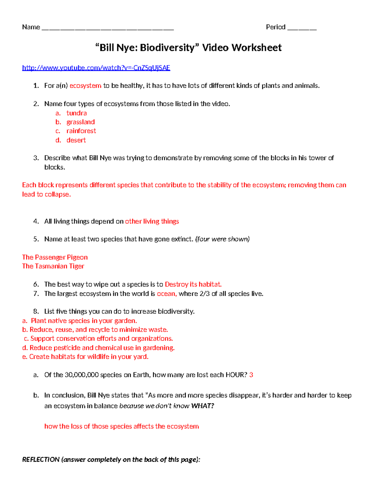 Bill Nye Biodiversity Video Worksheet Ecosystems Extinction Studocu