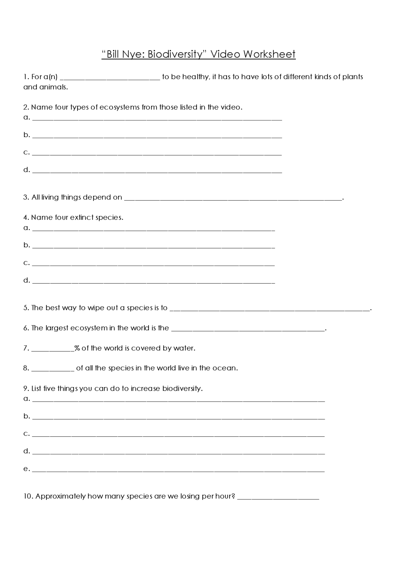 Bill Nye Biodiversity Video Worksheet Study Notes Environmental Science Docsity