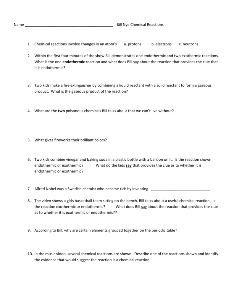 Bill Nye Chemical Reactions Worksheet