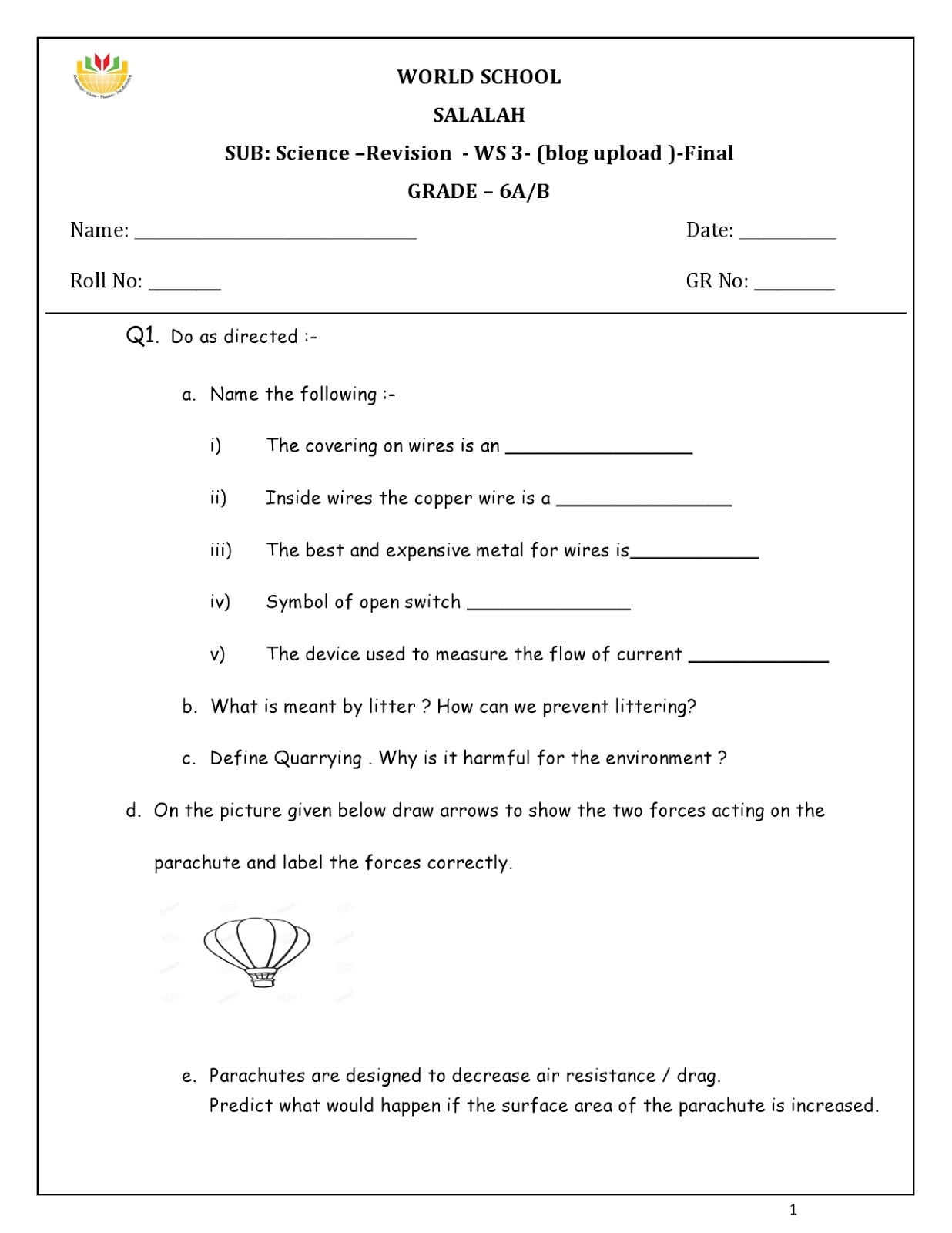 Birla World School Oman Revision Worksheets For Grade 6 As On 13 05 2019