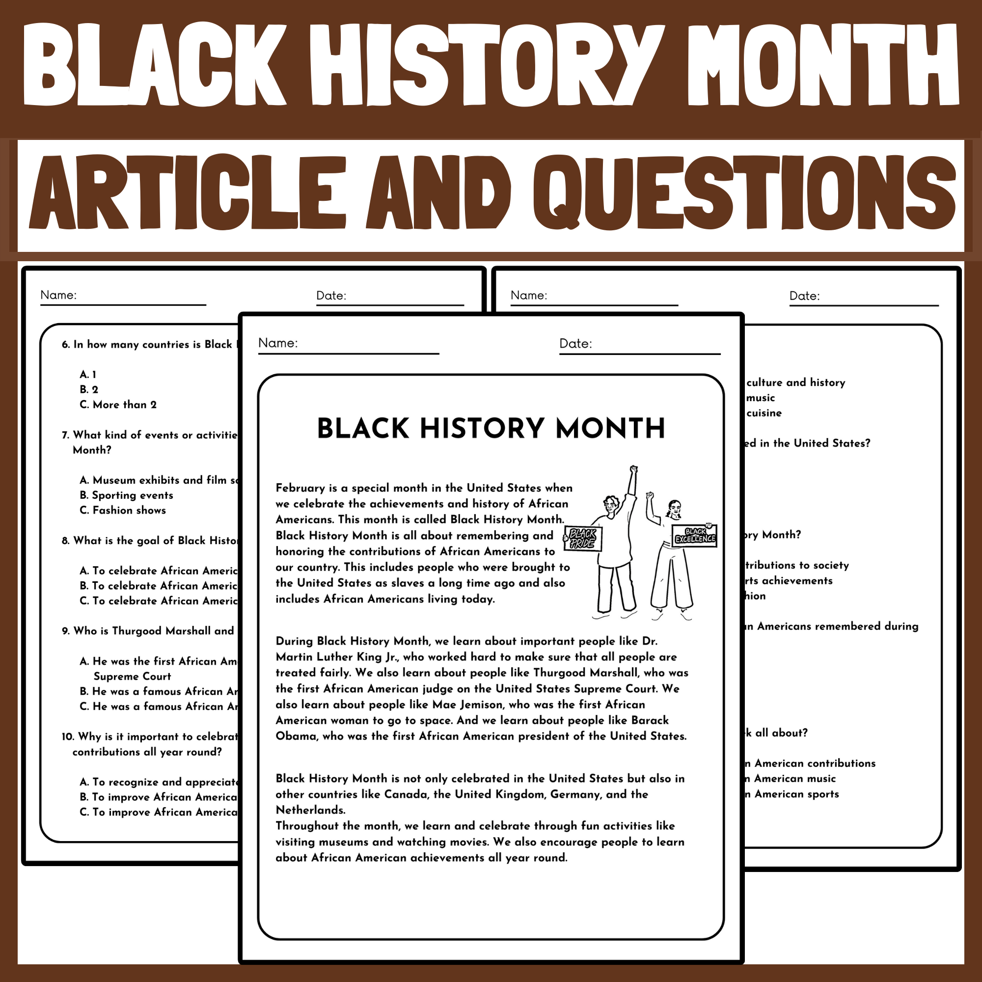 black history month reading comprehension worksheets