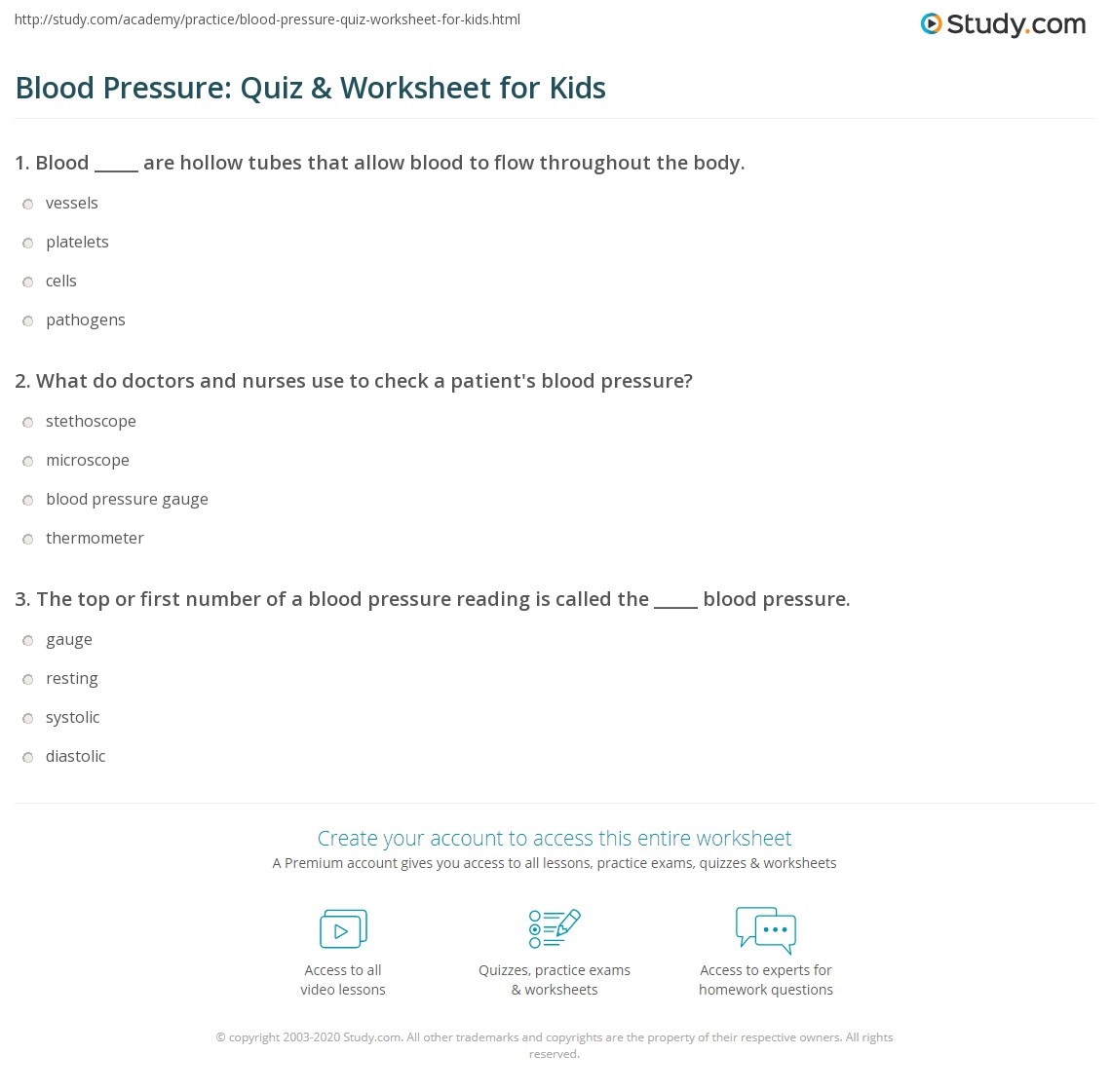 Blood Pressure Quiz Worksheet For Kids Study