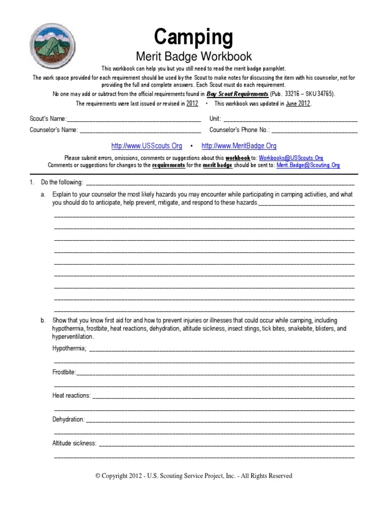 Camping Merit Badge Workbook PDF Boy Scouts Of America Camping Worksheets Library
