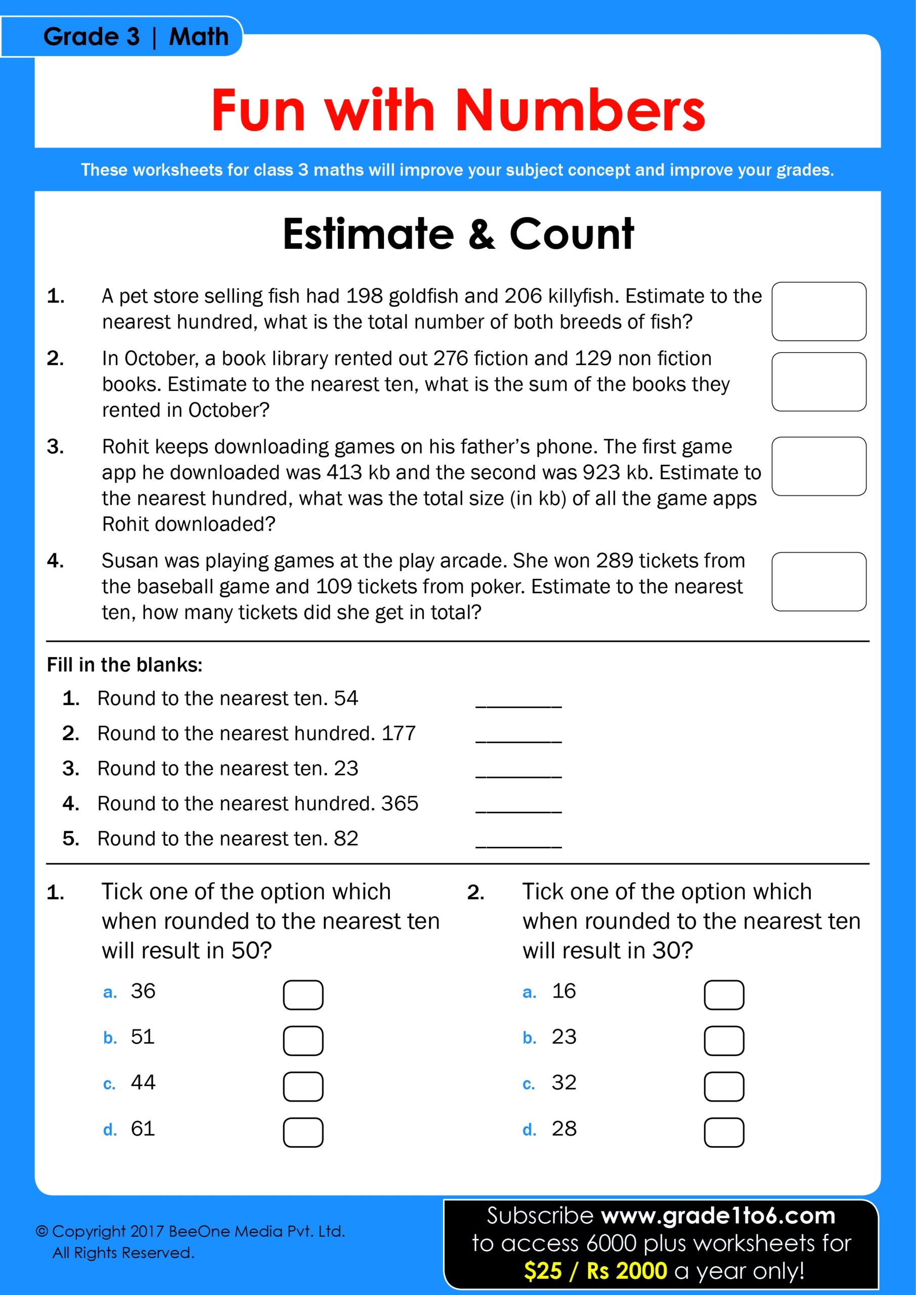 CBSE Maths Worksheet For Class 3 Grade1to6