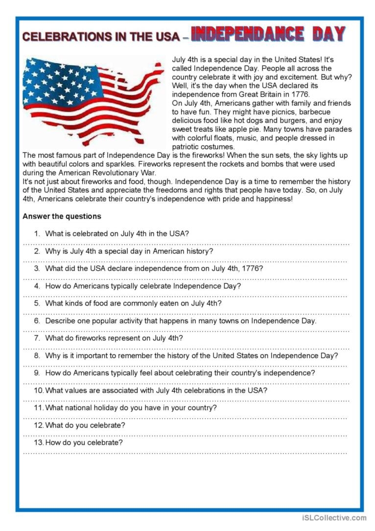 Celebrations In The USA Independen English ESL Worksheets Pdf Doc