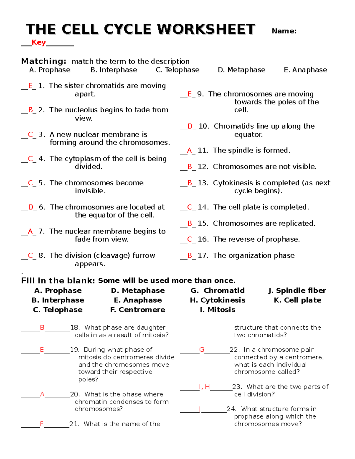Cell Cycle Worksheet Key With Answers Study Guide Studocu