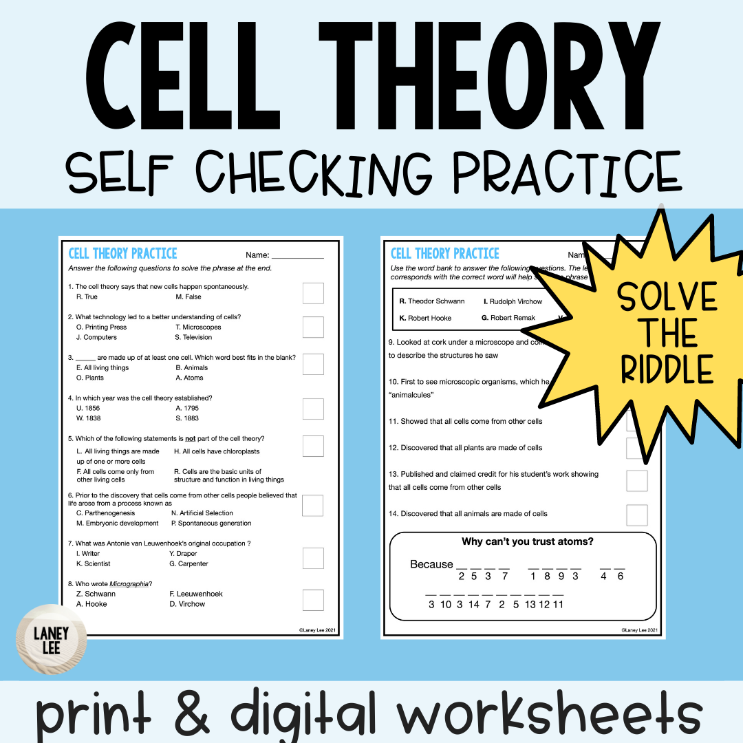 Cell Theory Self Checking Worksheet With Answer Key Laney Lee