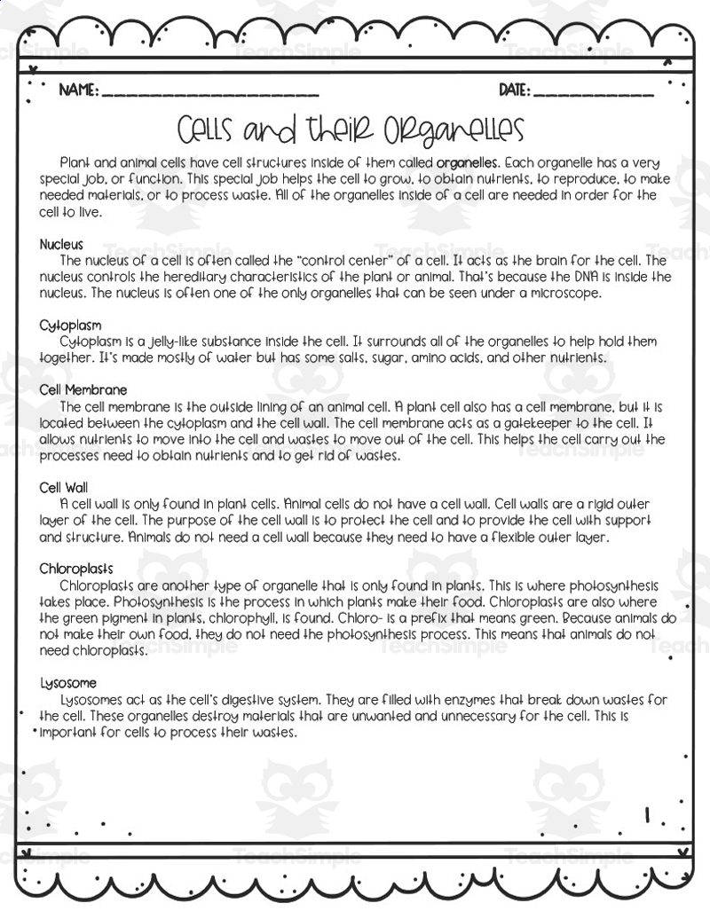 Cells Their Organelles Reading Activity By Teach Simple