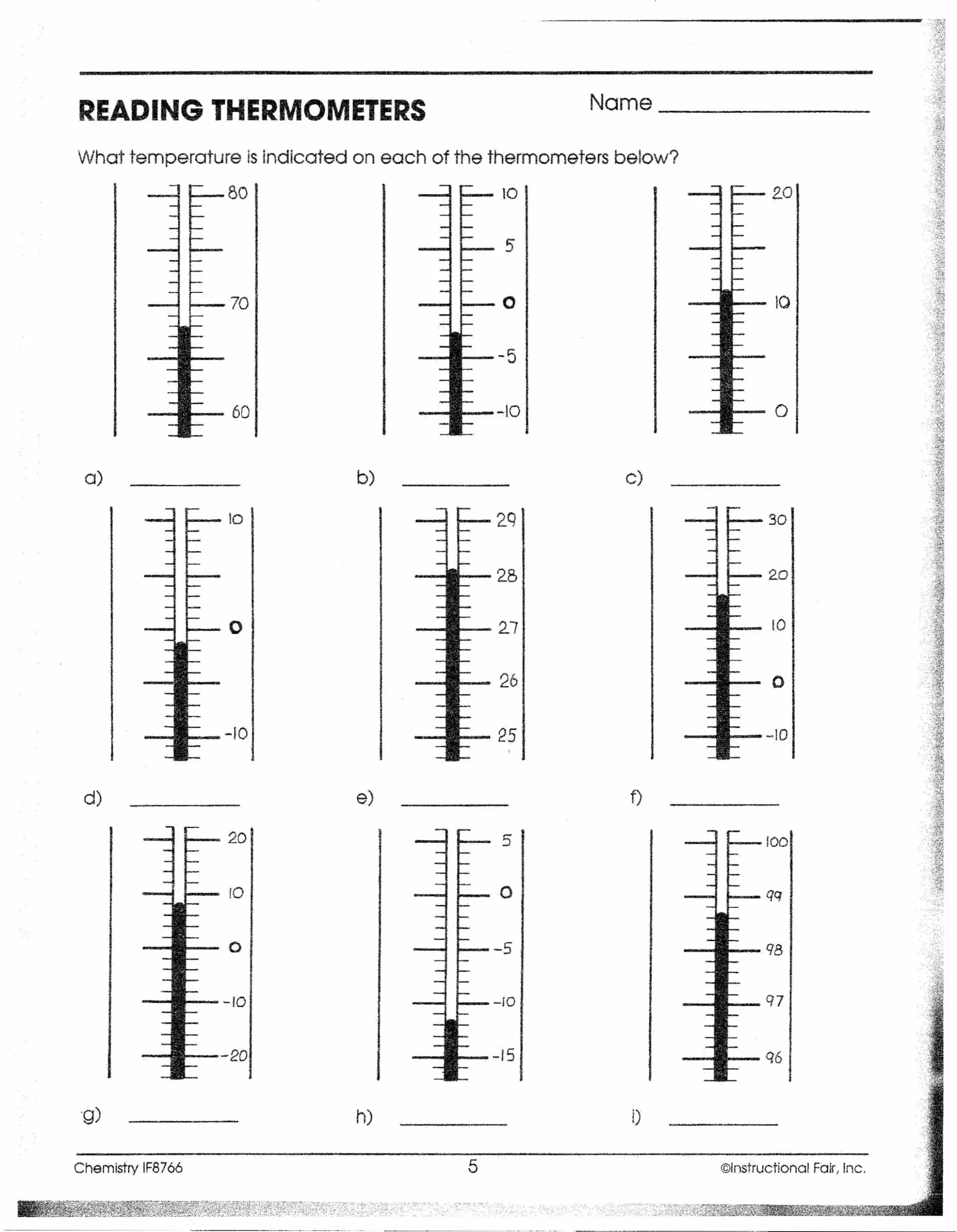 reading thermometers worksheet answer key