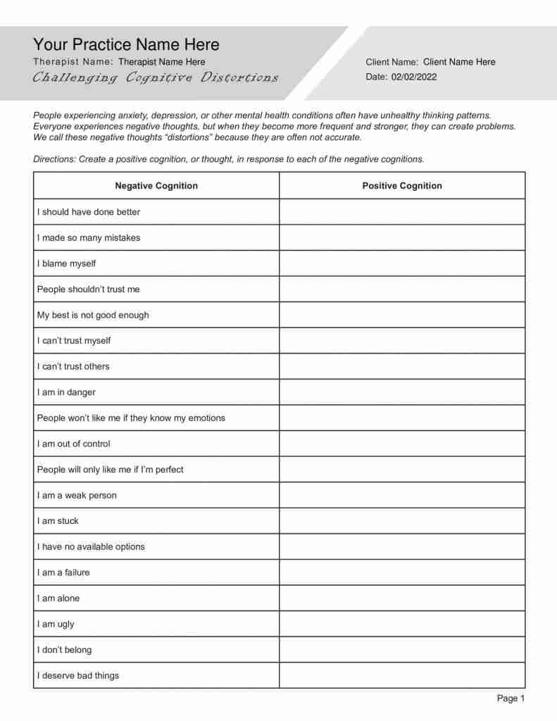 cognitive distortion worksheet