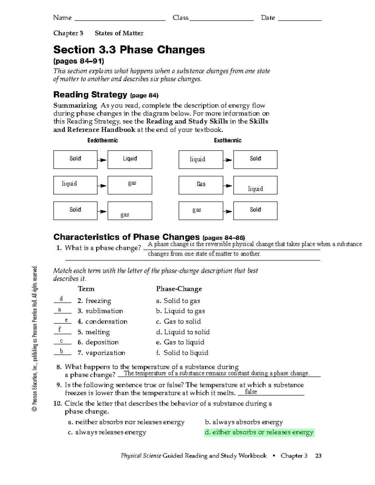 phase change worksheet answers