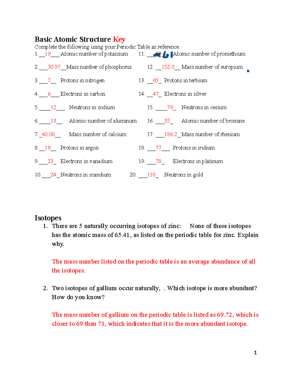 atomic structure worksheet answer key