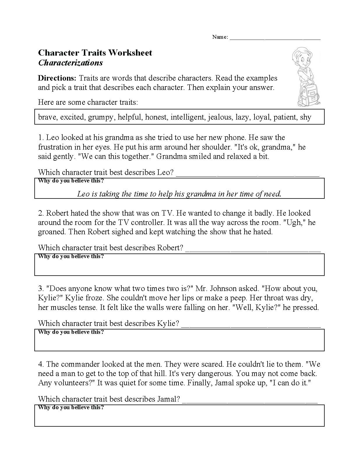 character traits worksheet