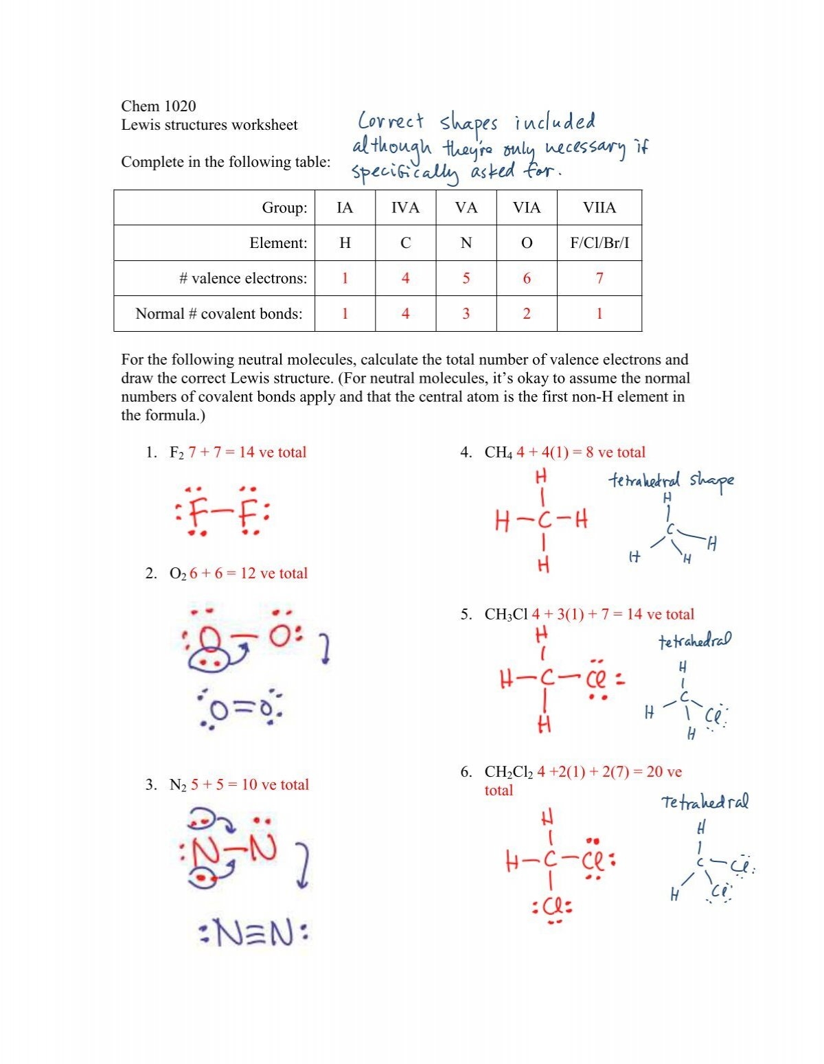 Chem 1020 Lewis Structures Worksheet Complete In The Following 