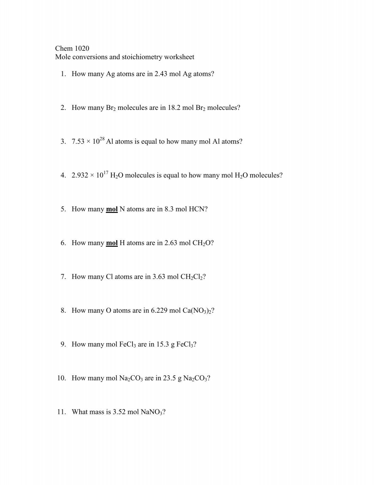 Chem 1020 Mole Conversions And Stoichiometry Worksheet 1 How