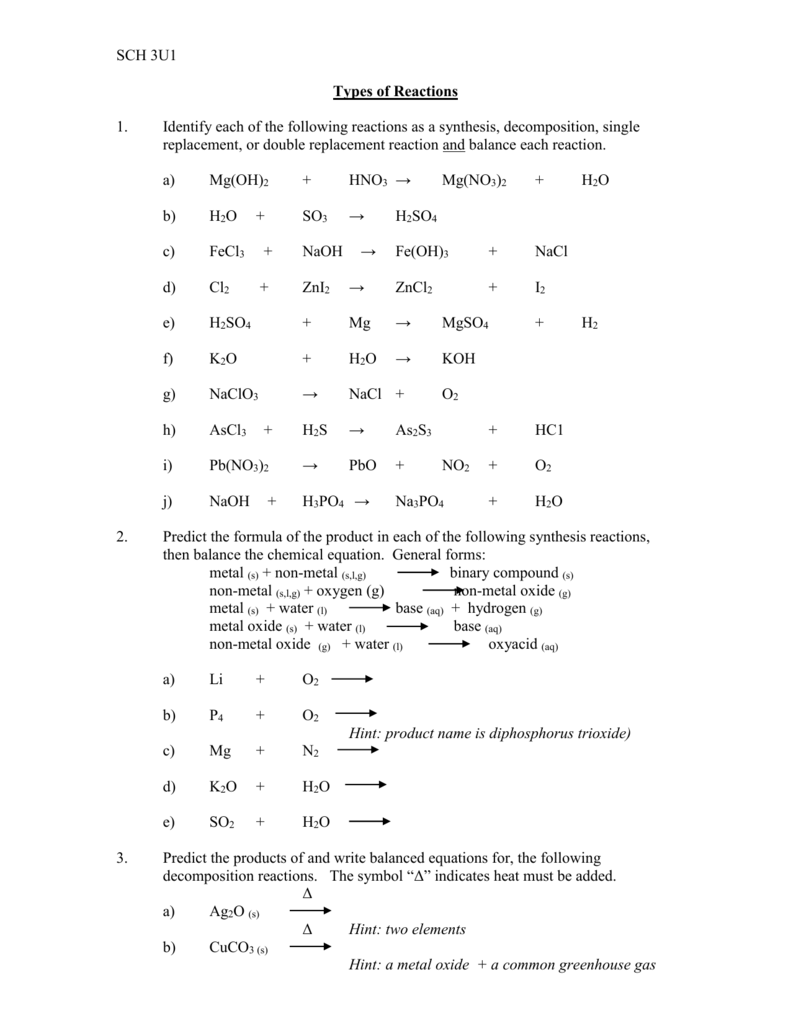 Chemical Reactions Worksheet Balancing Predicting Products