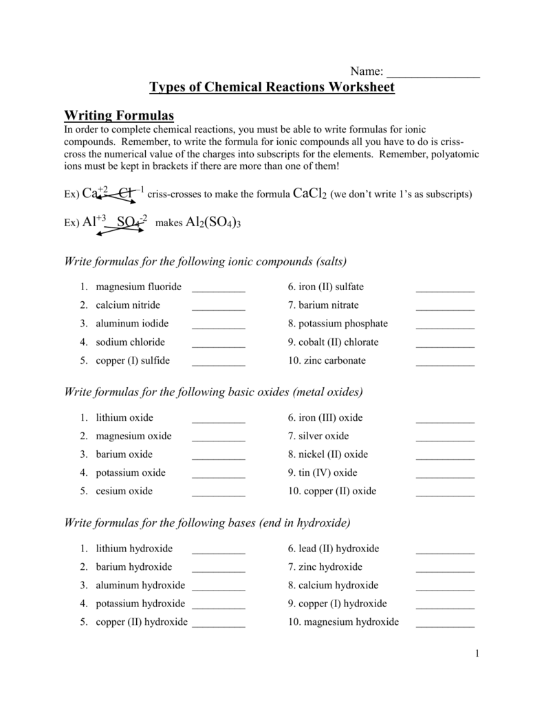 Chemical Reactions Worksheet Formulas Types Chemical Reactions Worksheet Formulas Types