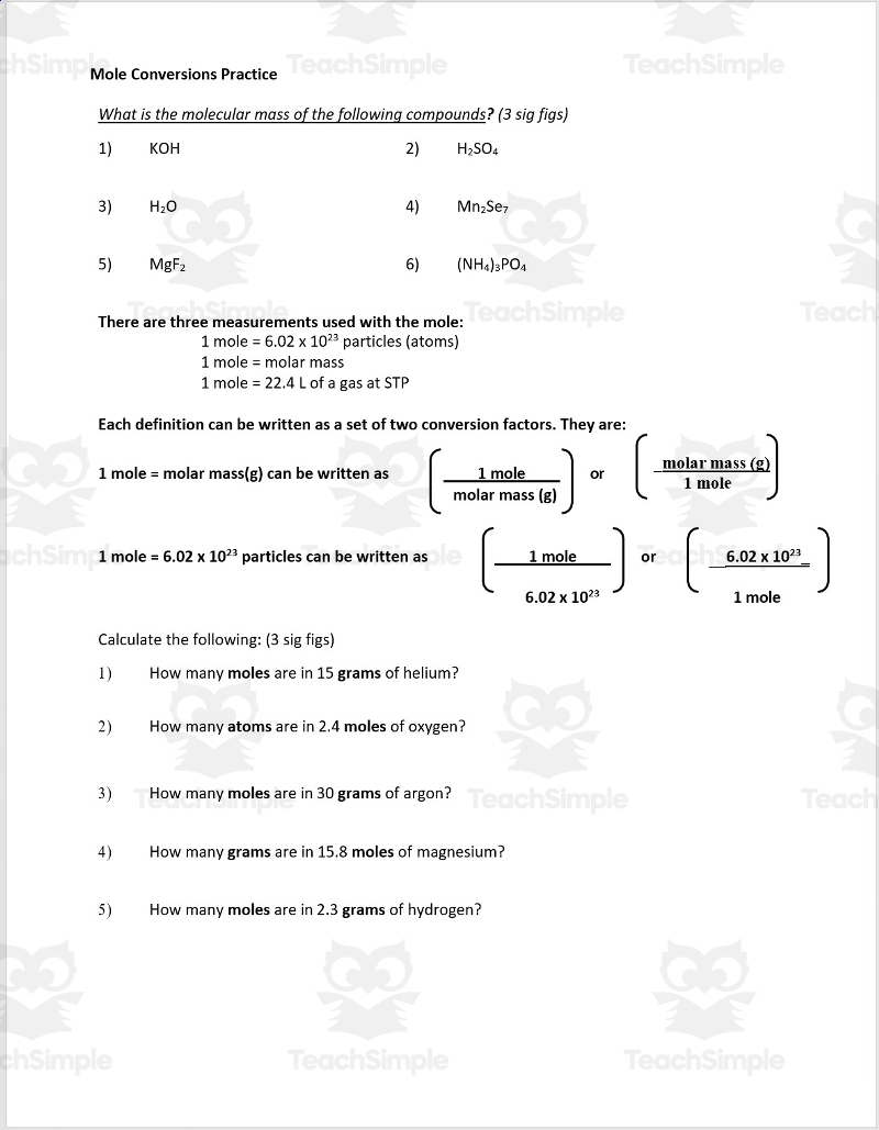 Chemistry Mole Conversion Practice By Teach Simple