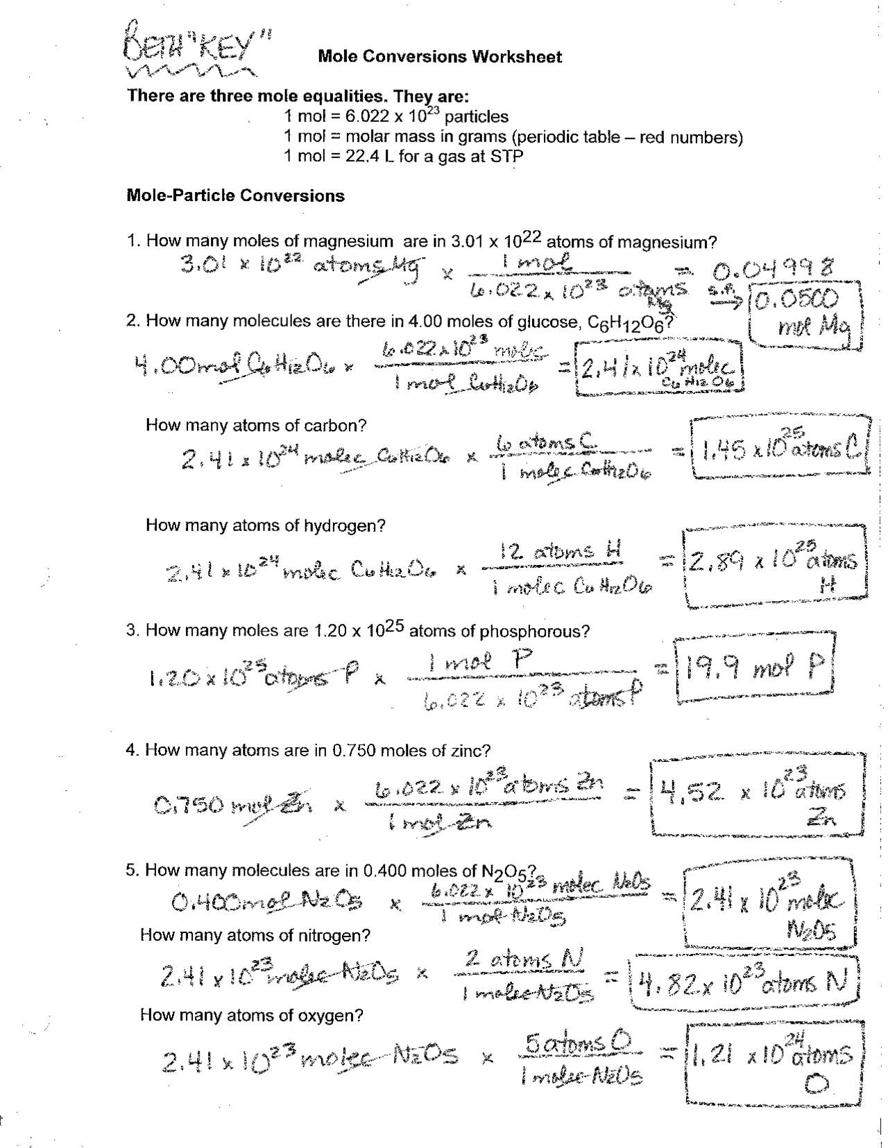 Chemistry Mole Conversions Worksheet Answer Key Exercises Chemistry Docsity