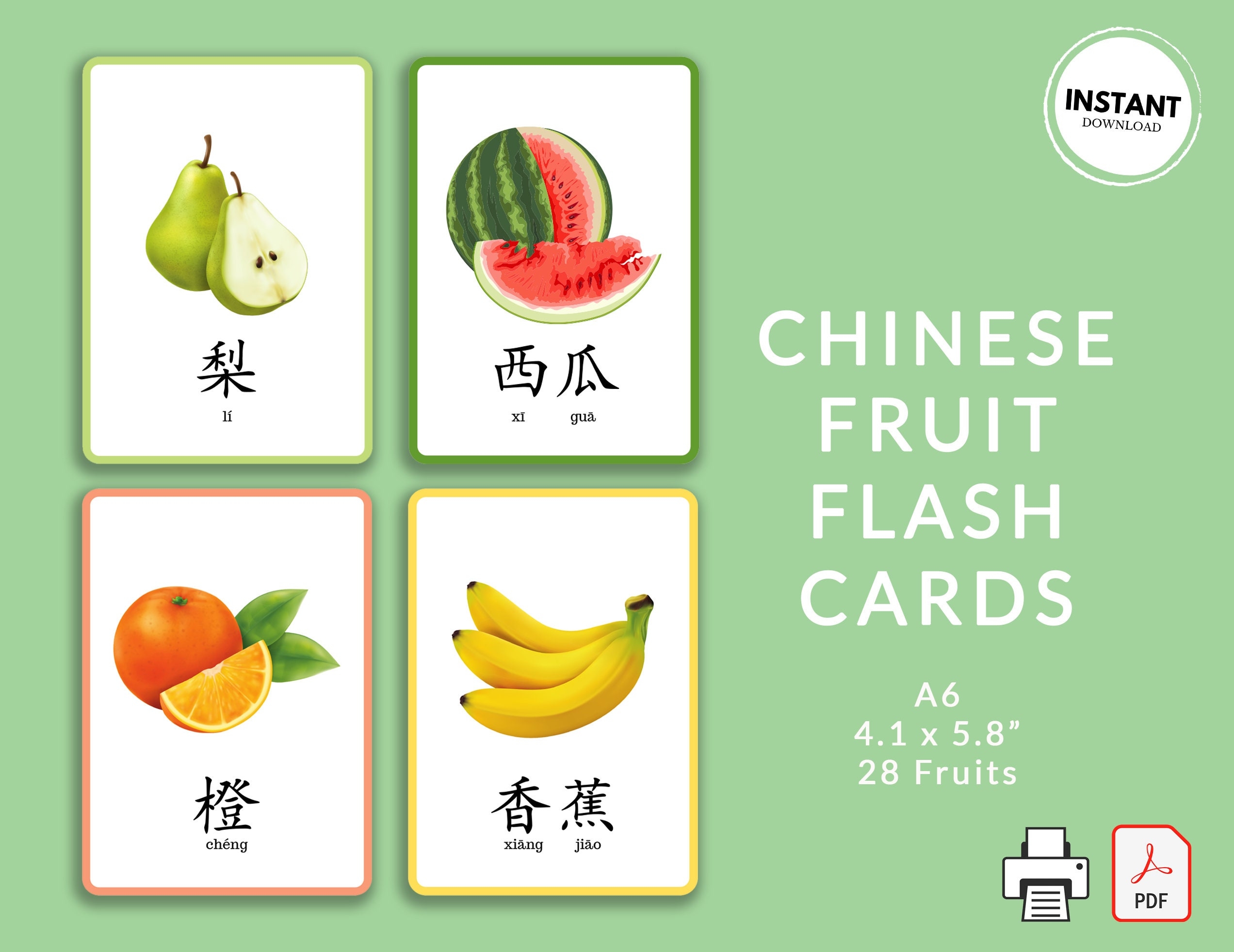 Chinese Fruits Flashcards Printable Simplified Mandarin Fruit Flashcards Learn Chinese With Flashcards Mandarin Flashcards For Kids Etsy