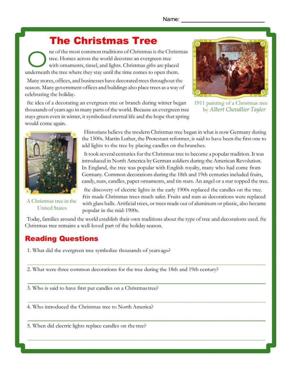 free christmas reading comprehension worksheets