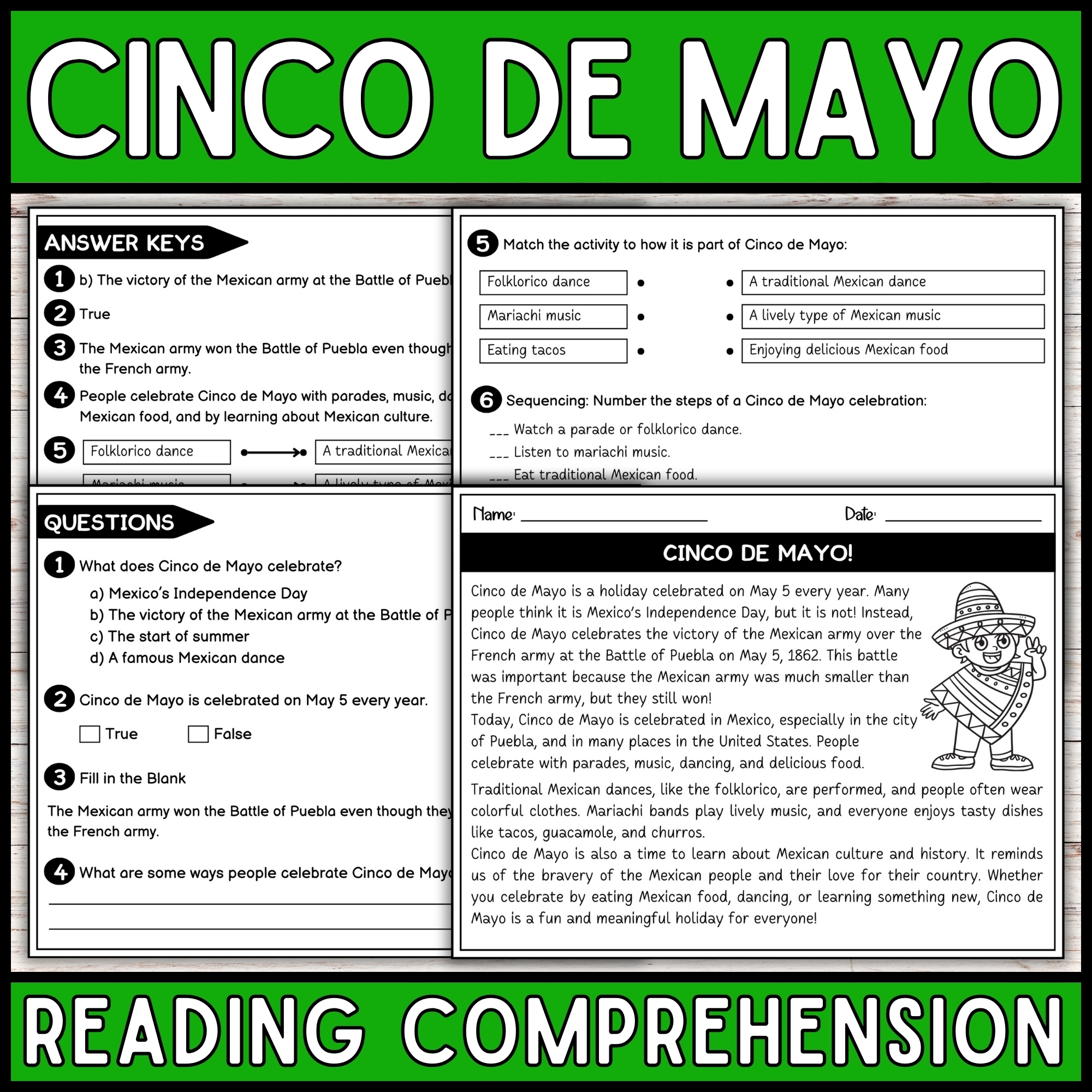 Cinco De Mayo Reading Comprehension Passage Questions Mexican Holiday Read Aloud Activities Made By Teachers