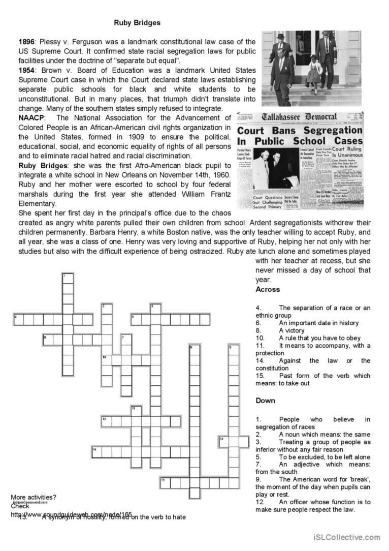 Civil Rights Ruby Bridges Reading English ESL Worksheets Pdf Doc