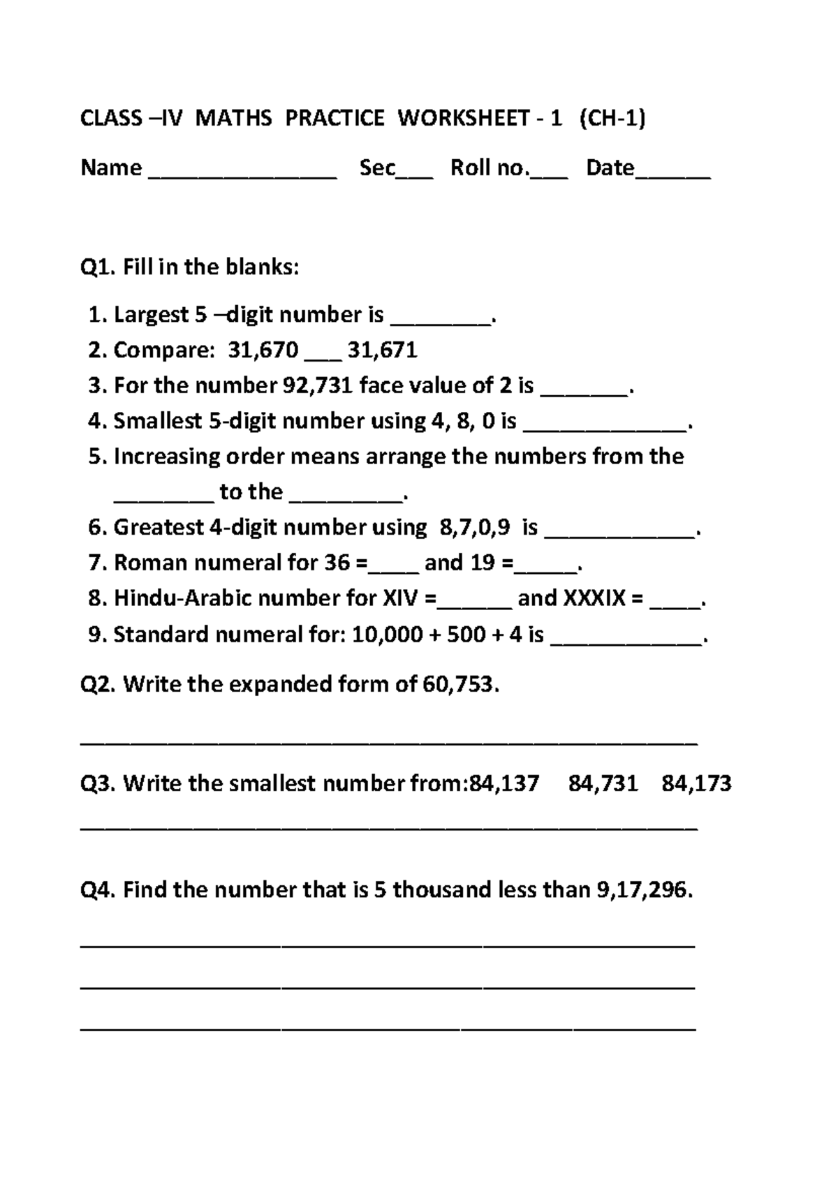 class iv maths worksheet