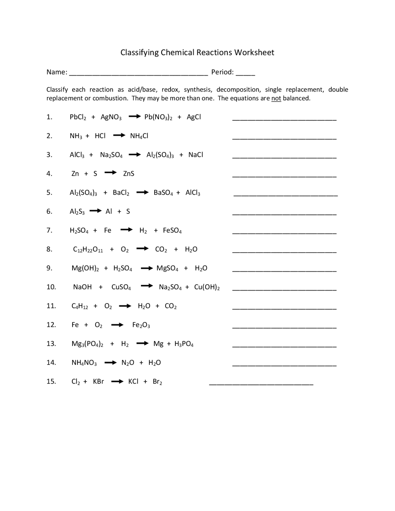 Classifying Chemical Reactions Worksheet Exercises Chemistry Docsity
