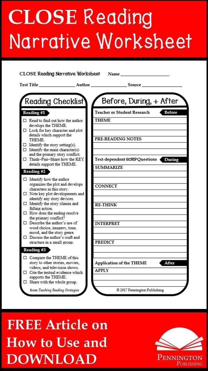Close Reading Narrative Worksheets Pennington Publishing Blog