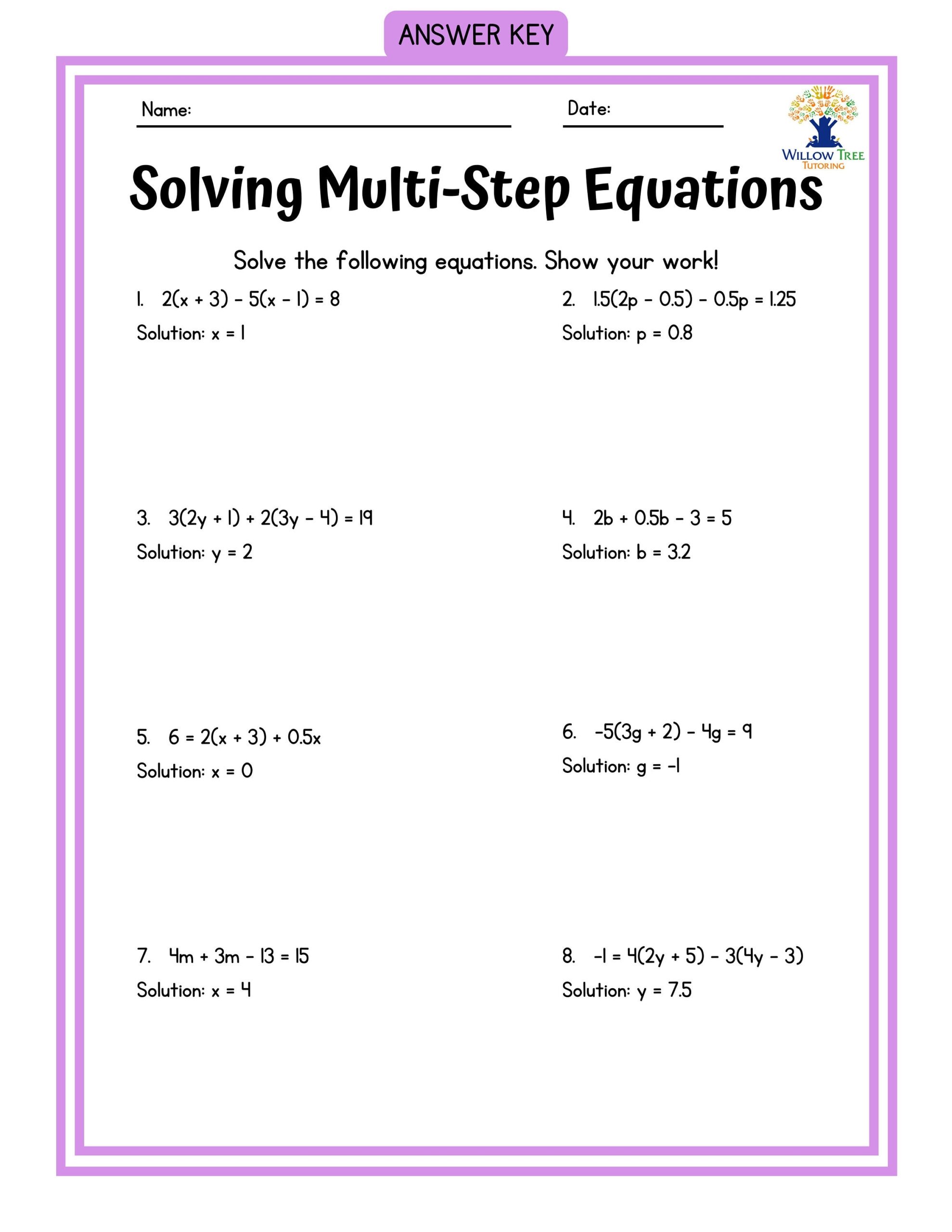 Colorful Solving Multi step Equations Tiered Worksheets Etsy
