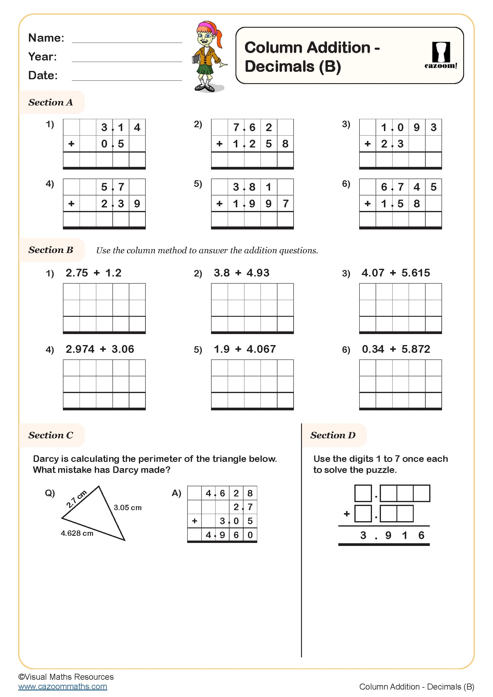 Column Addition Decimals A Worksheet Fun And Engaging Year 5 PDF Worksheets