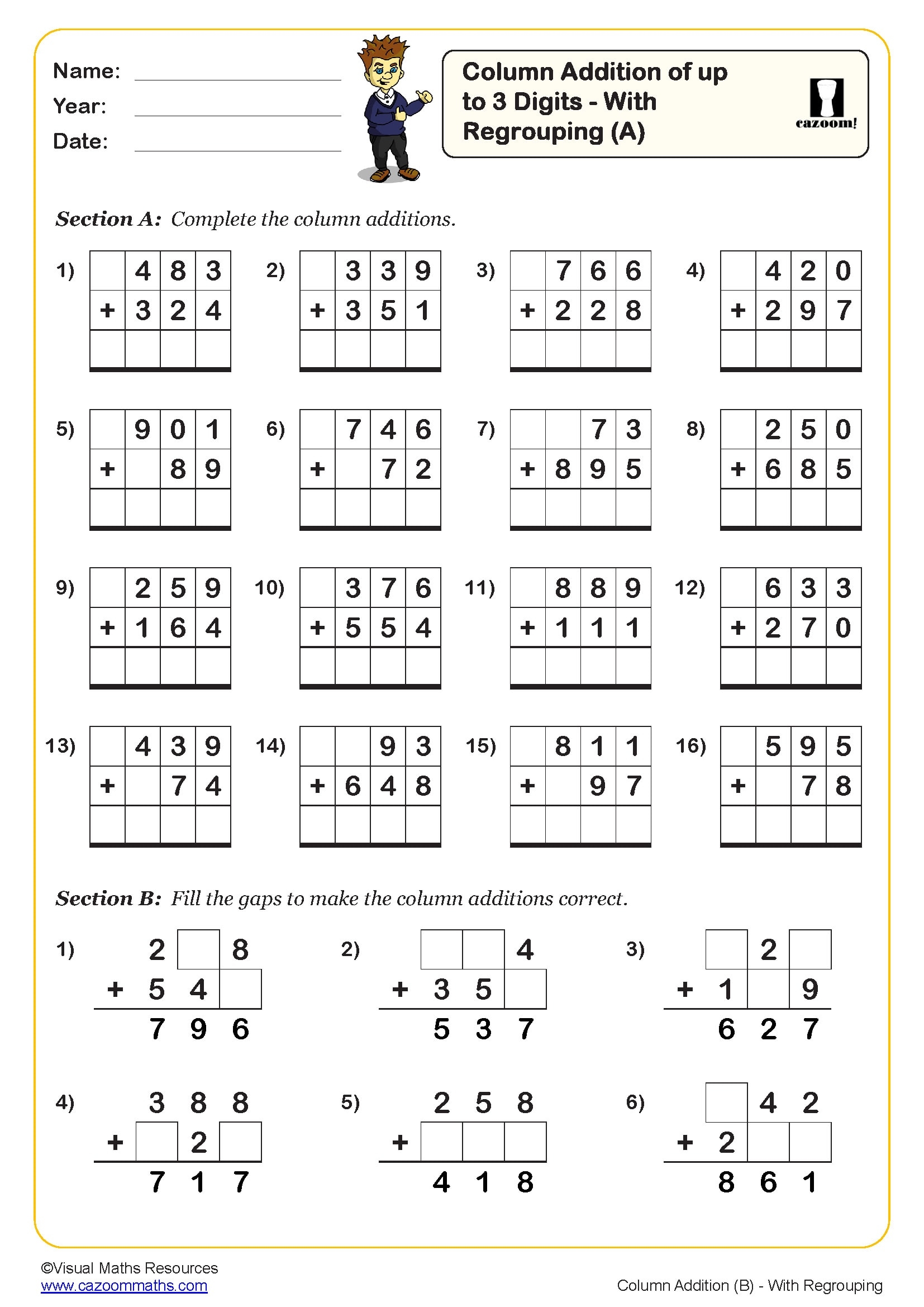 Column Addition Of Up To 3 Digits With Regrouping B Key Stage 2 PDF Addition Worksheets