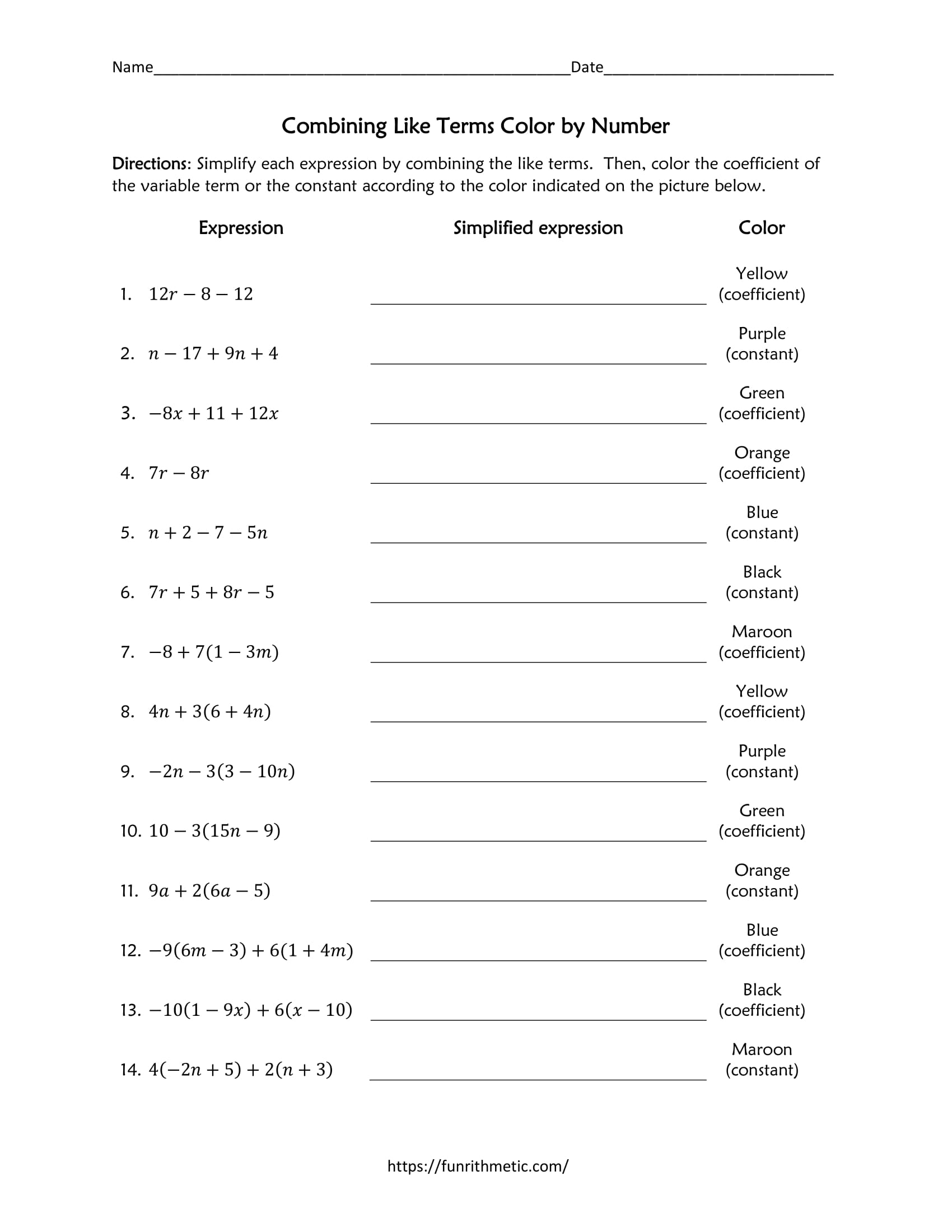 Combining Like Terms Color By Number Funrithmetic