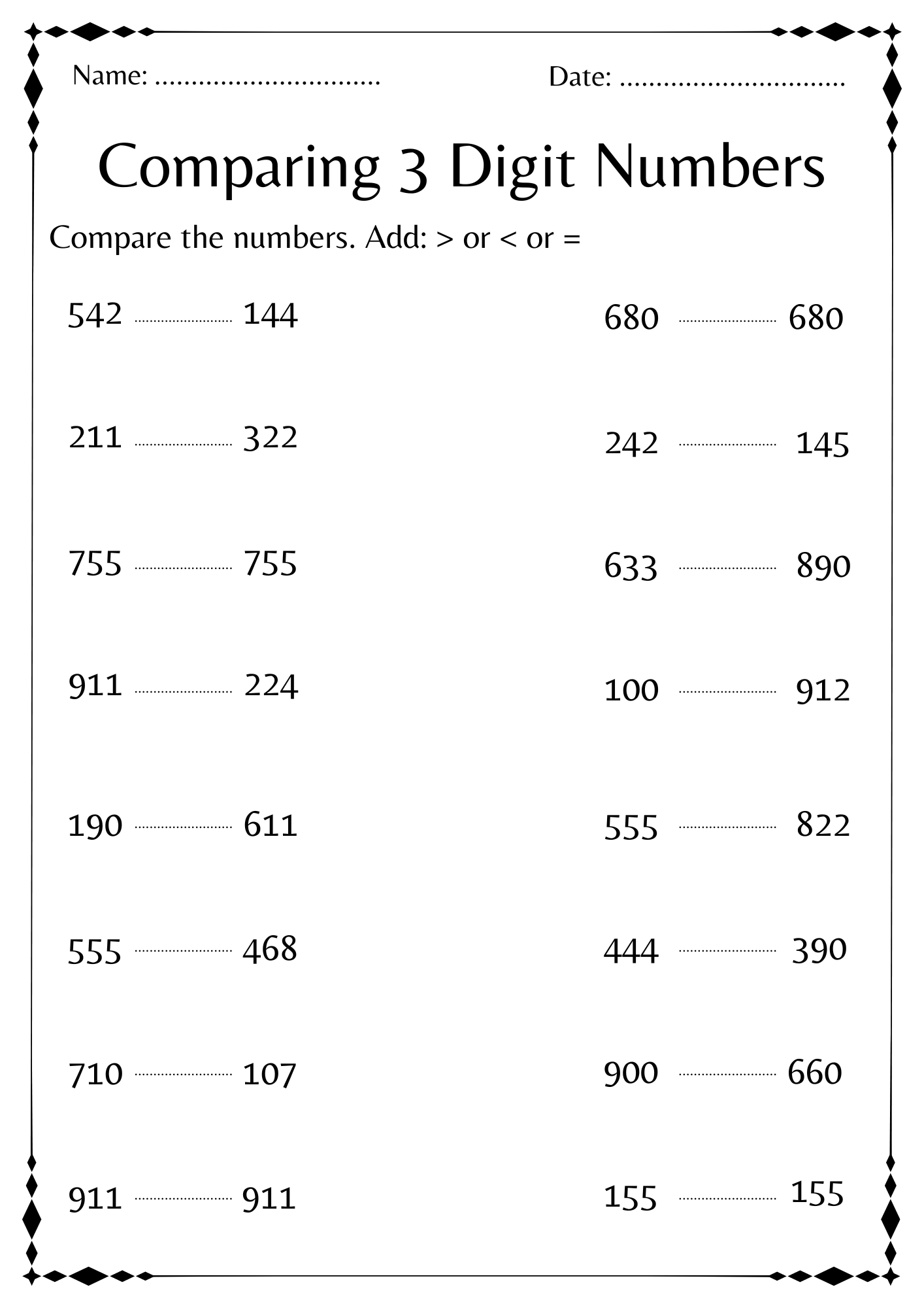 Comparing 3 digit Numbers Activities Math Worksheet For Kindergarten Made By Teachers