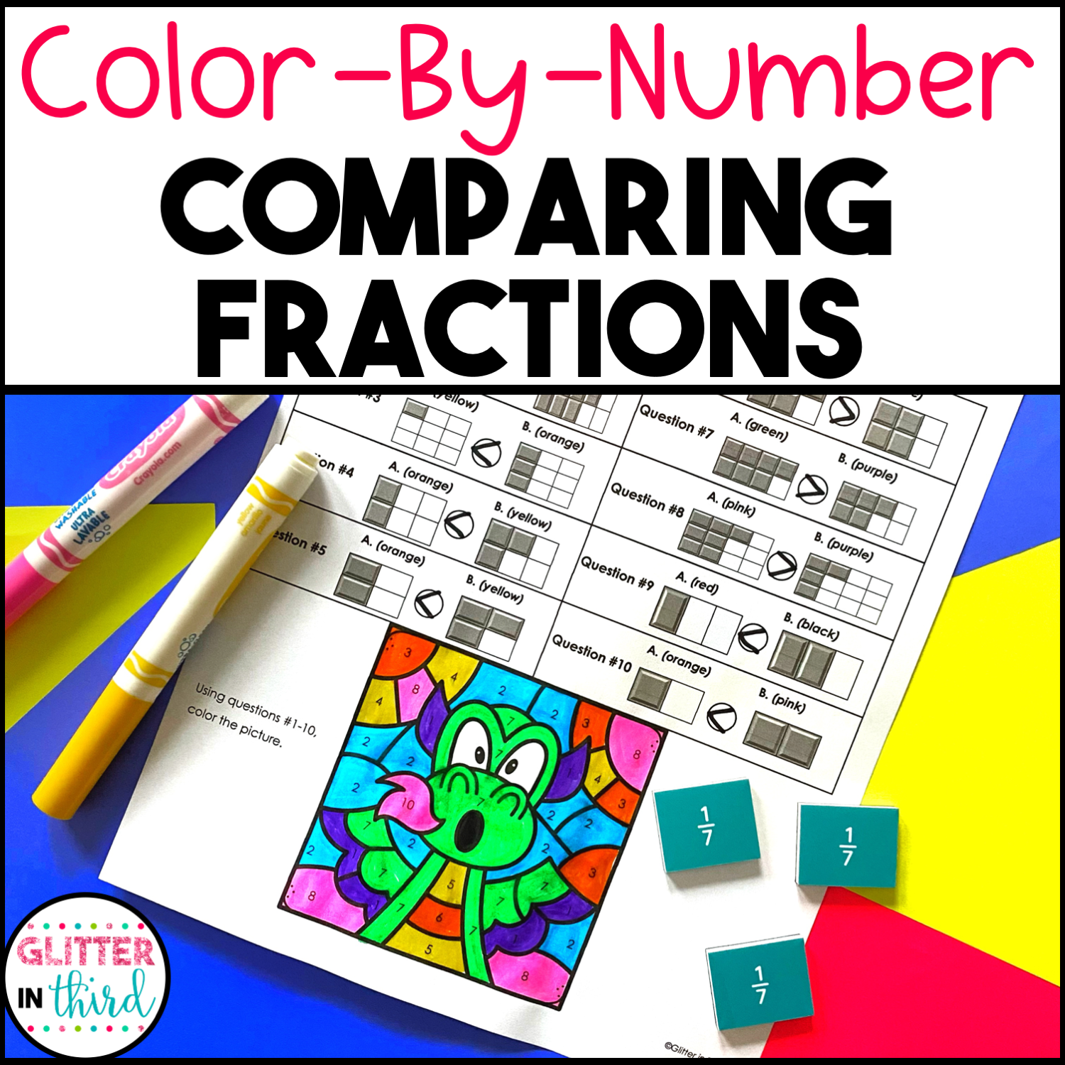 Comparing Fractions Color By Number Worksheets Glitter In Third