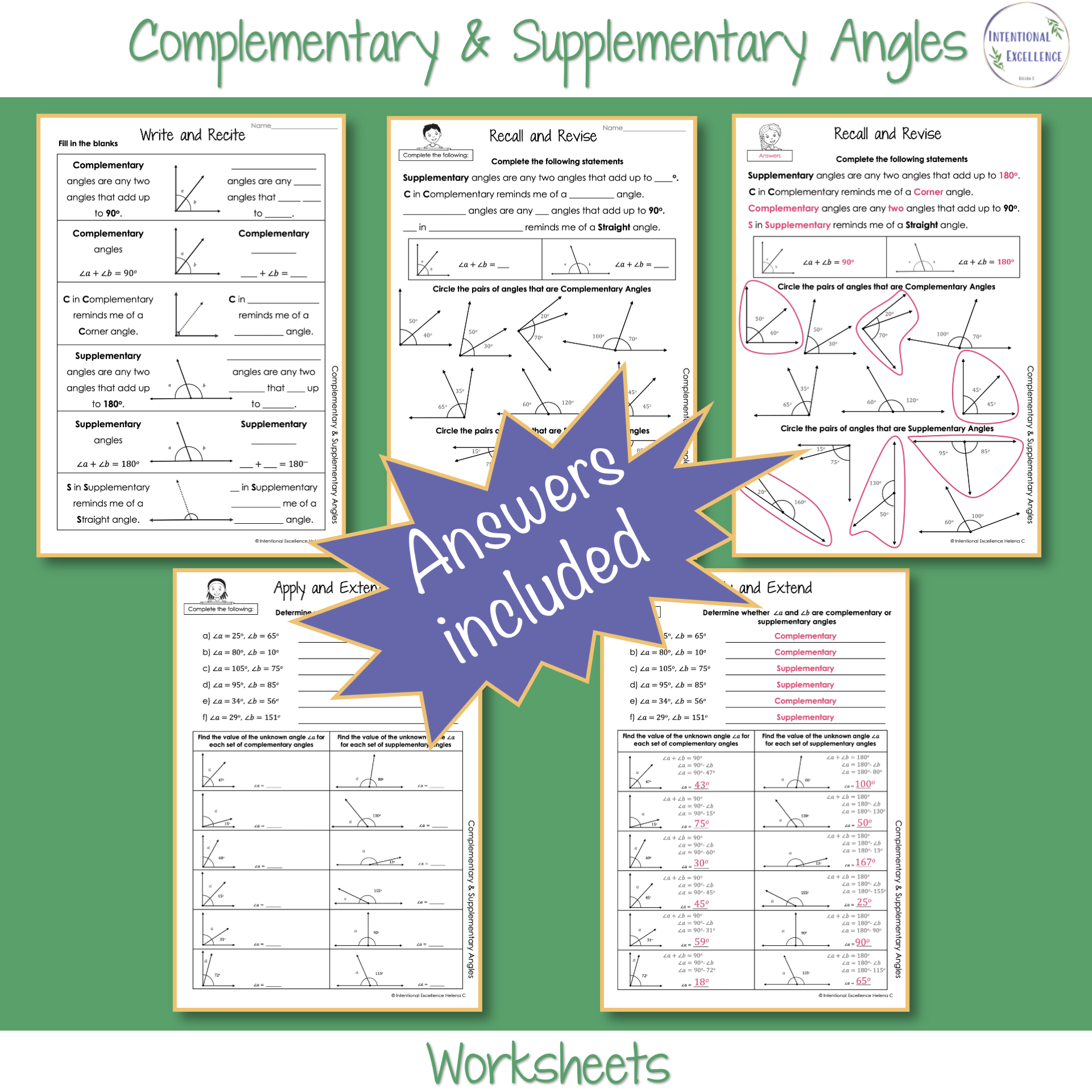 Complementary And Supplementary Angles Year 4 6 Math Review WORKSHEETS Teacher Professional Development