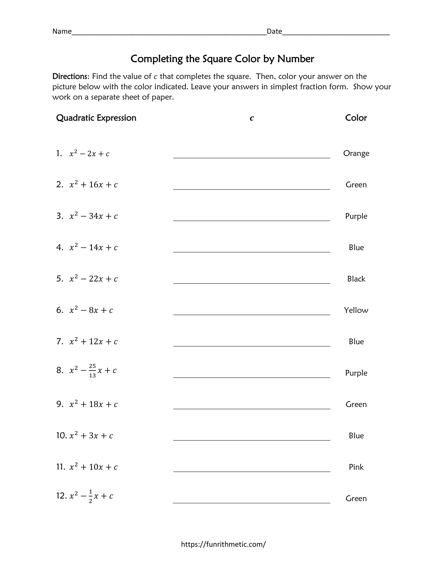 completing the square worksheet