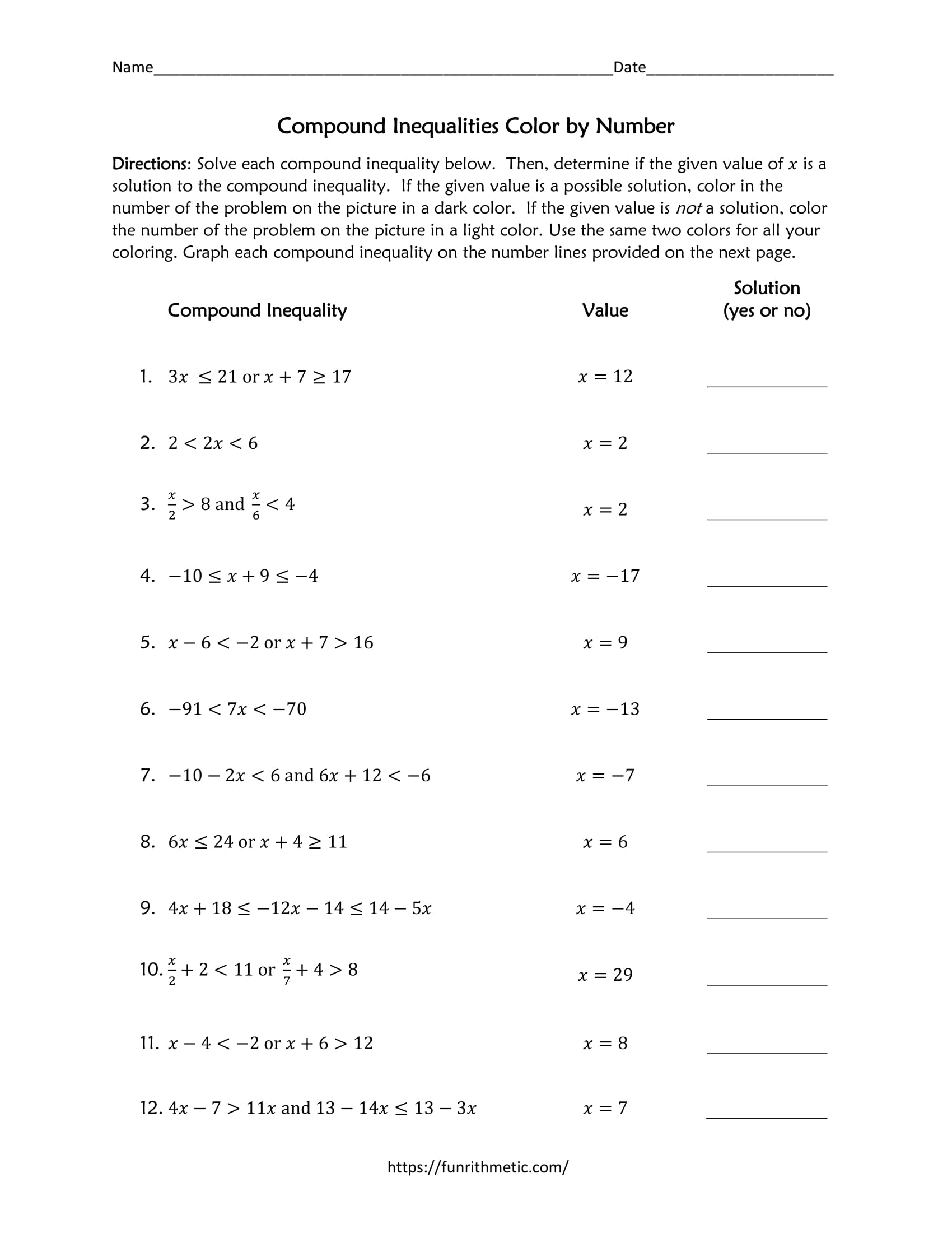 Compound Inequalities Color By Number Funrithmetic