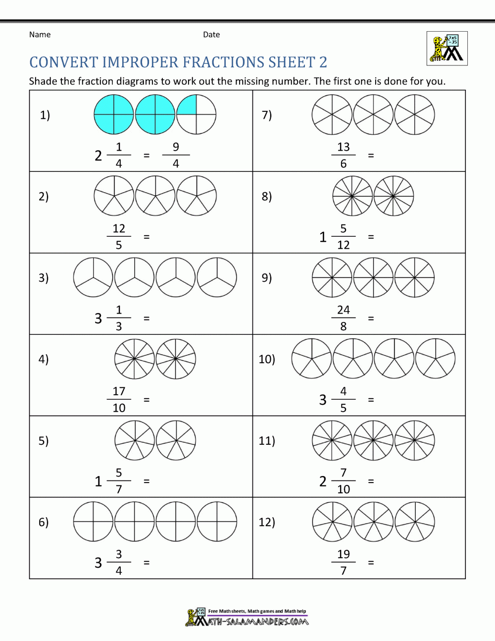 Convert Improper Fractions Sheet 2 Convert Improper Fractions Sheet 2
