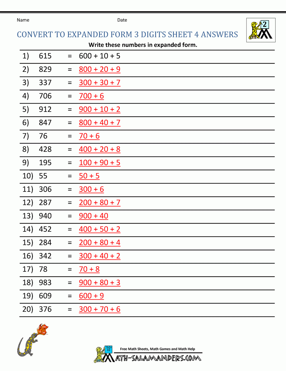 Convert To Expanded Form Sheet 4 Answers