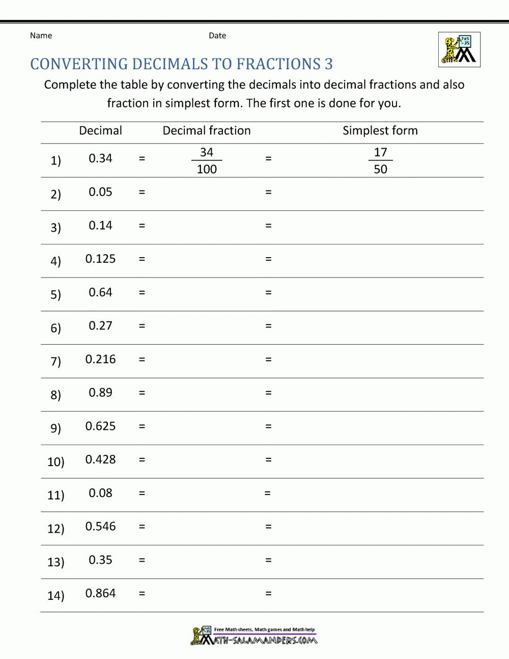 fractions to decimals worksheet
