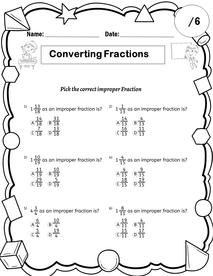 converting mixed numbers to improper fractions worksheet