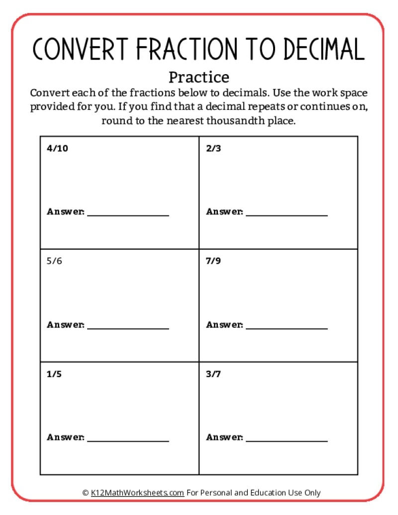 Converting Fractions To Decimals Worksheets