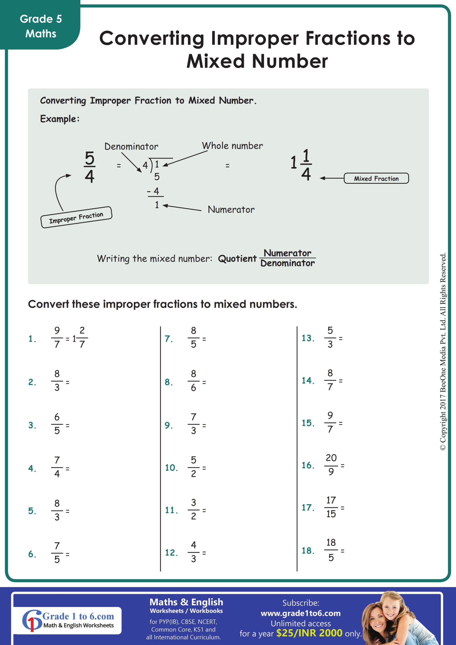 Converting Improper Fraction To Mixed Number Grade1to6