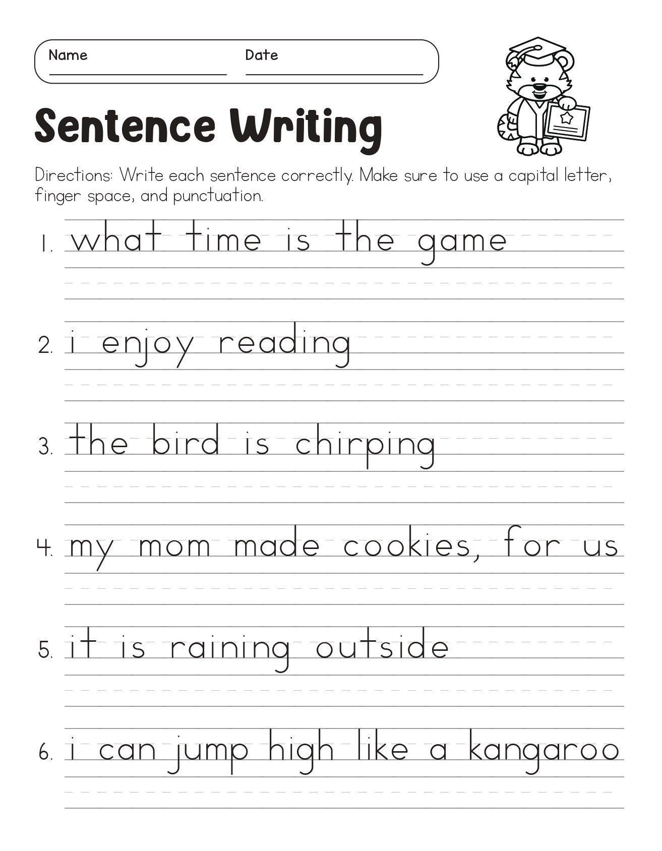 writing worksheets for 1st graders