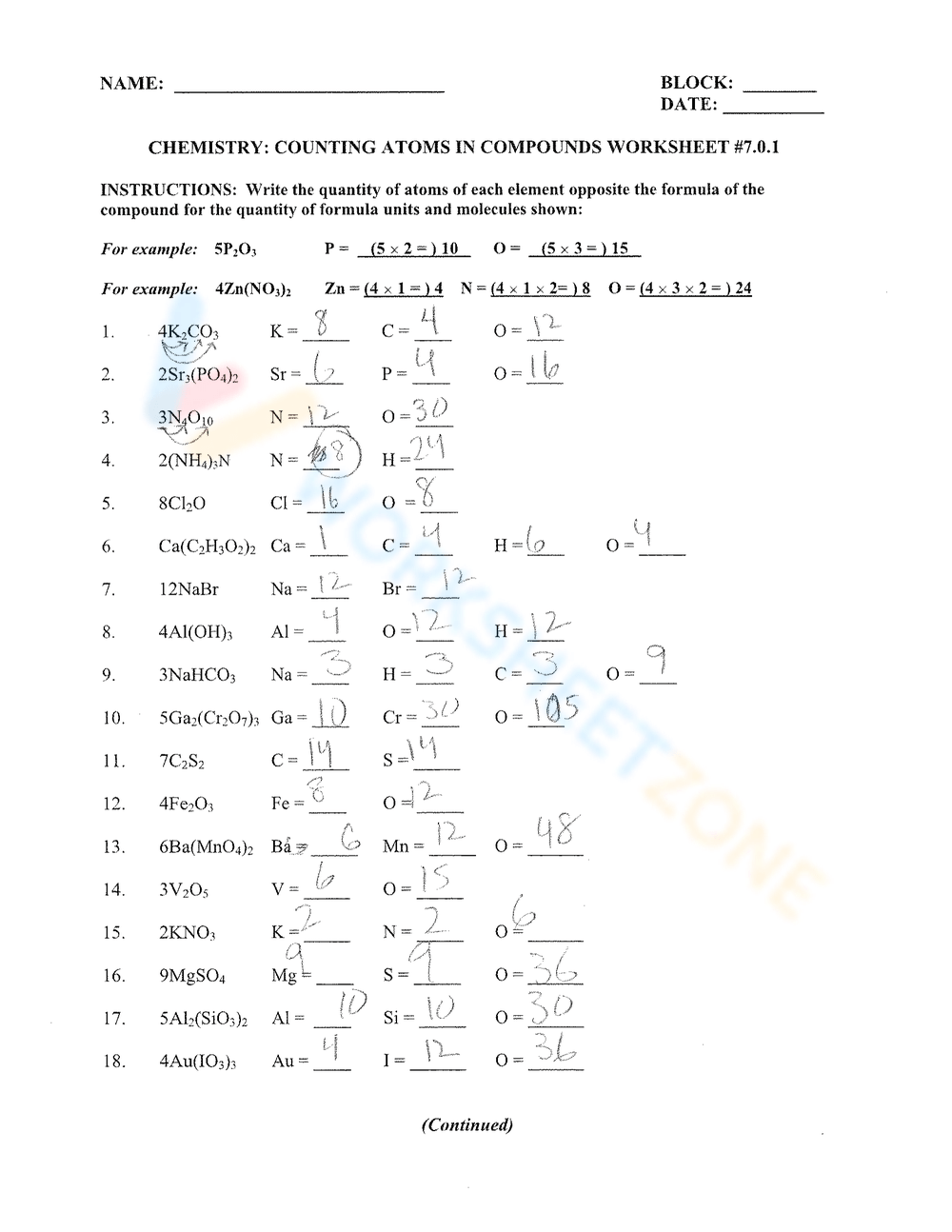 Counting Atoms Worksheets