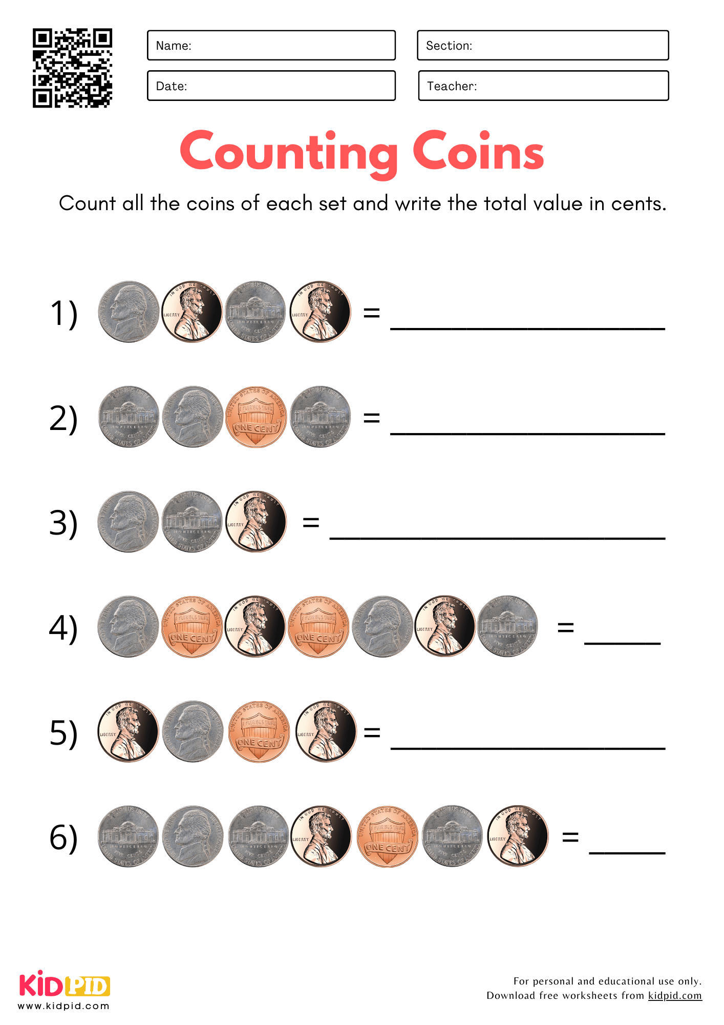 Counting Coins Write Total Value Worksheet For Kindergarten Kidpid