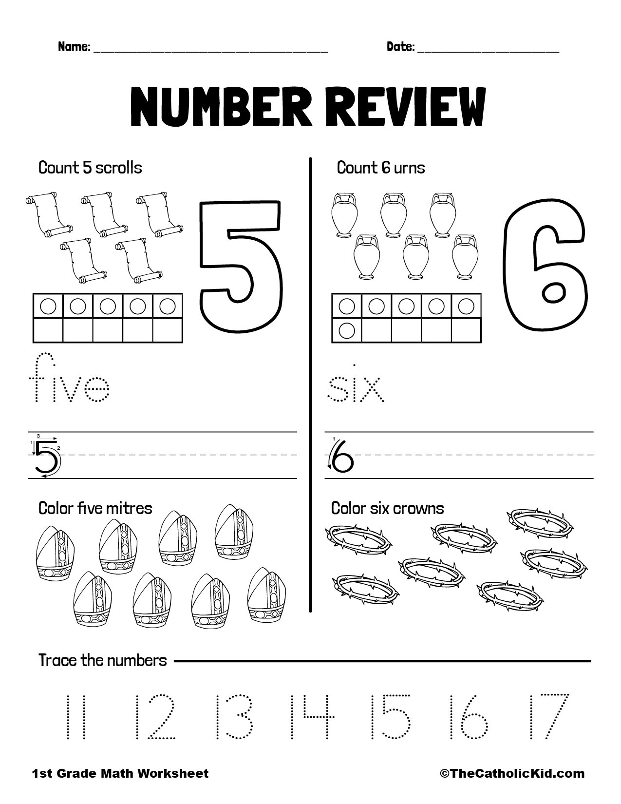 Counting Review Numbers 5 And 6 1st Grade Math Worksheet Catholic TheCatholicKid